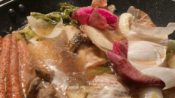 devotional cooking involves process-based cooking. Saving vegetable scraps in the freezer and then using them to make your own stock is a great way to practice devotional cooking. The image pictured is one of my stocks.
